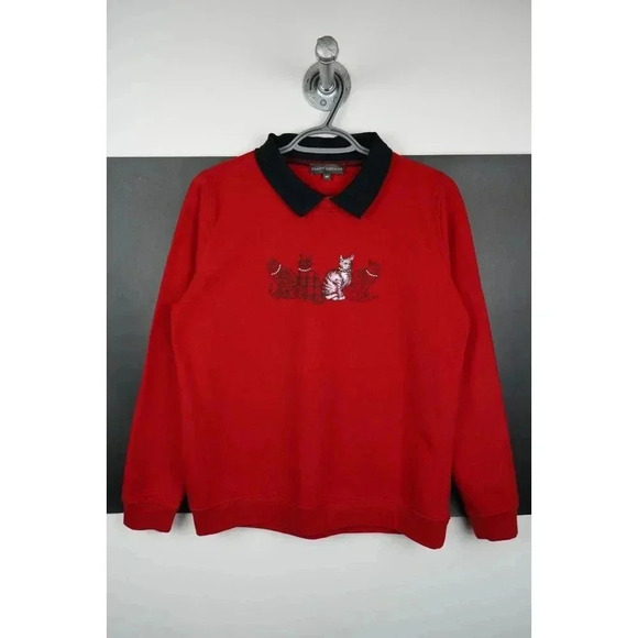Vintage Sweater 90s Collared Cat Art Graphic Red/Black S | Item #719 - Picture 1 of 7